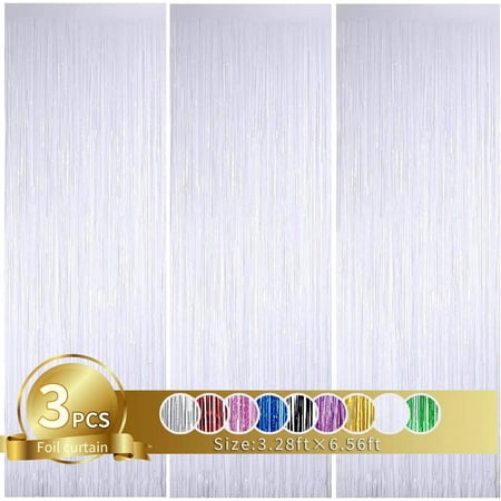 TONIFUL 3Pcs White Metallic Tinsel Foil Fringe Curtains,3.28ft x 6.56ft White Photo Booth Backdrop Streamer for Party Door Wall Curtains Bachelorette Birthday, Christmas,New Year Decorations