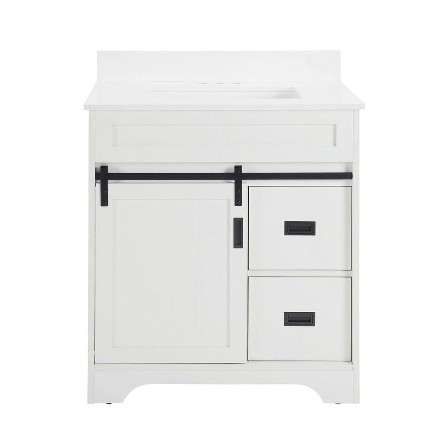 Demi Bonn 30" Freestanding Bathroom Vanity with Single Sink Combo, Farmhouse Undermount Bathroom Vanities Cabinet with Sliding Barn Doors and 2 Drawers, White