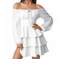 thumbnail image 7 of Women Off Shoulder Ruched Mini Dress Long Sleeve Ruffle Tiered Flowy A Line Dress Summer Bodycon Short Dress, 7 of 7