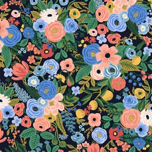 Rifle Paper Co floral fabric, Garden Party navy Wildwood cotton, QTR YD