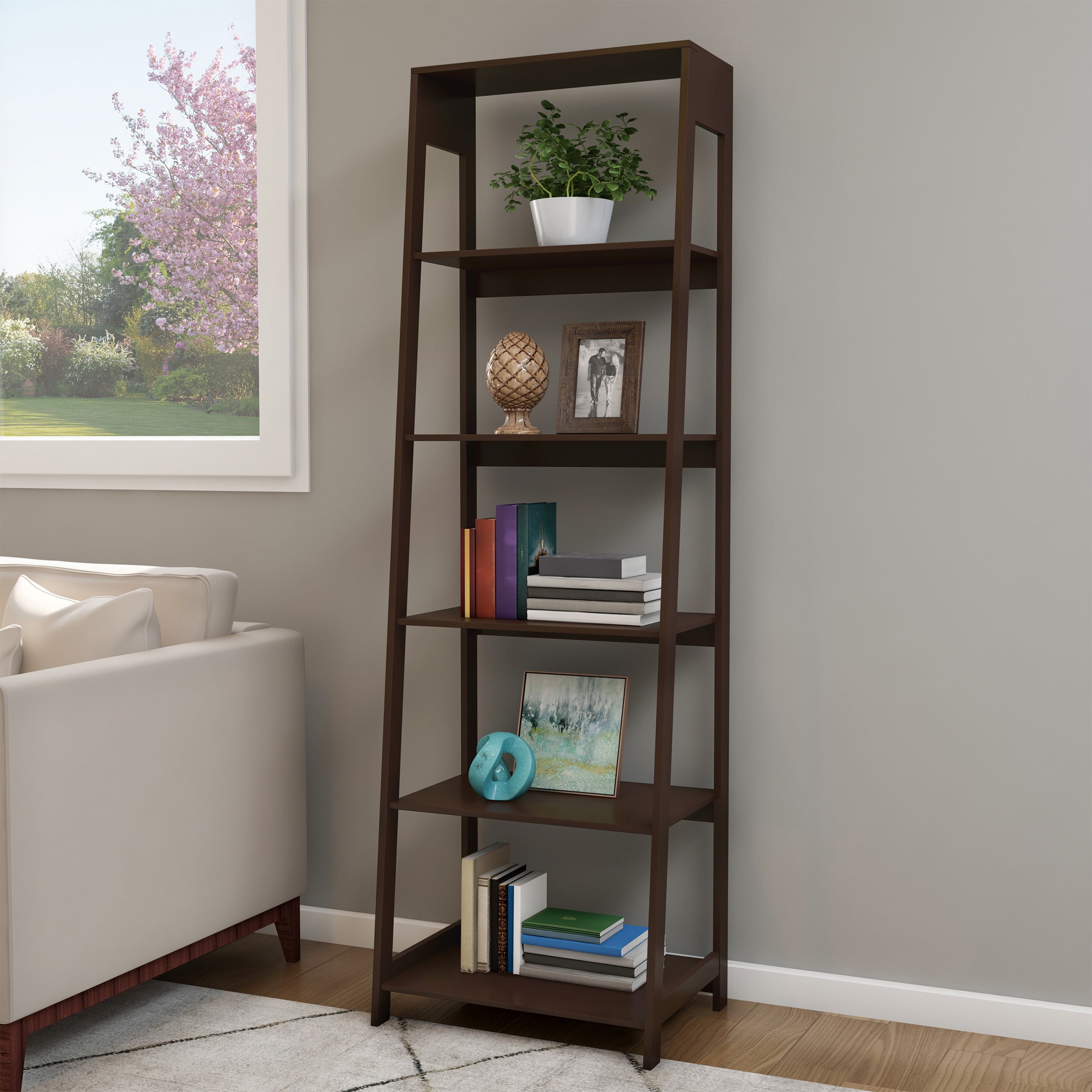2-Tier Bookcase Bookshelf Leaning Wall Shelf Ladder Storage Display Furniture 