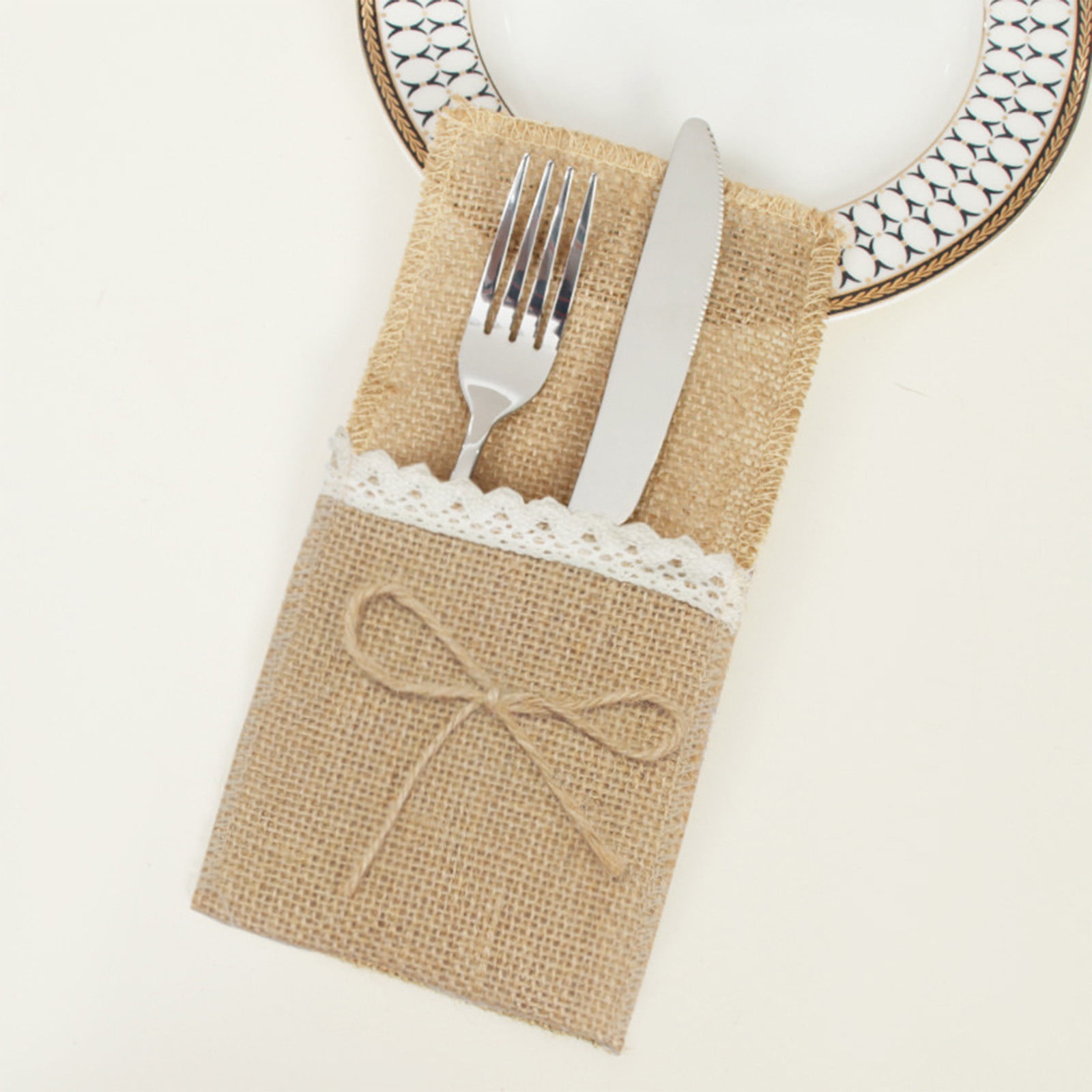 30Pc Cutlery Holder,Natural Burlap Tableware Utensil Holders,Burlap Lace Silverware Holder Linen Knife And Forks Cutlery Pouch Bag,Linen And Lace Cutlery Storage Bag For Vintage Rustic Wedding Party