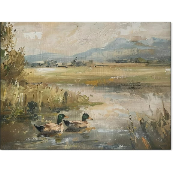 Mallard Duck Pond Poster Animal Farmhouse Canvas Wall Art Vintage Duck Painting Oil Painting Bird Hunter Gift for Rustic Cabin Nursery Wall Decor 08x10 inch Unframed