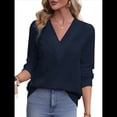 thumbnail image 2 of Camisetas de Larga para Mujer, Camisetas Informales con Cuello en V, Cómodas, Básicas y Suaves Azul Marino M, 2 of 10
