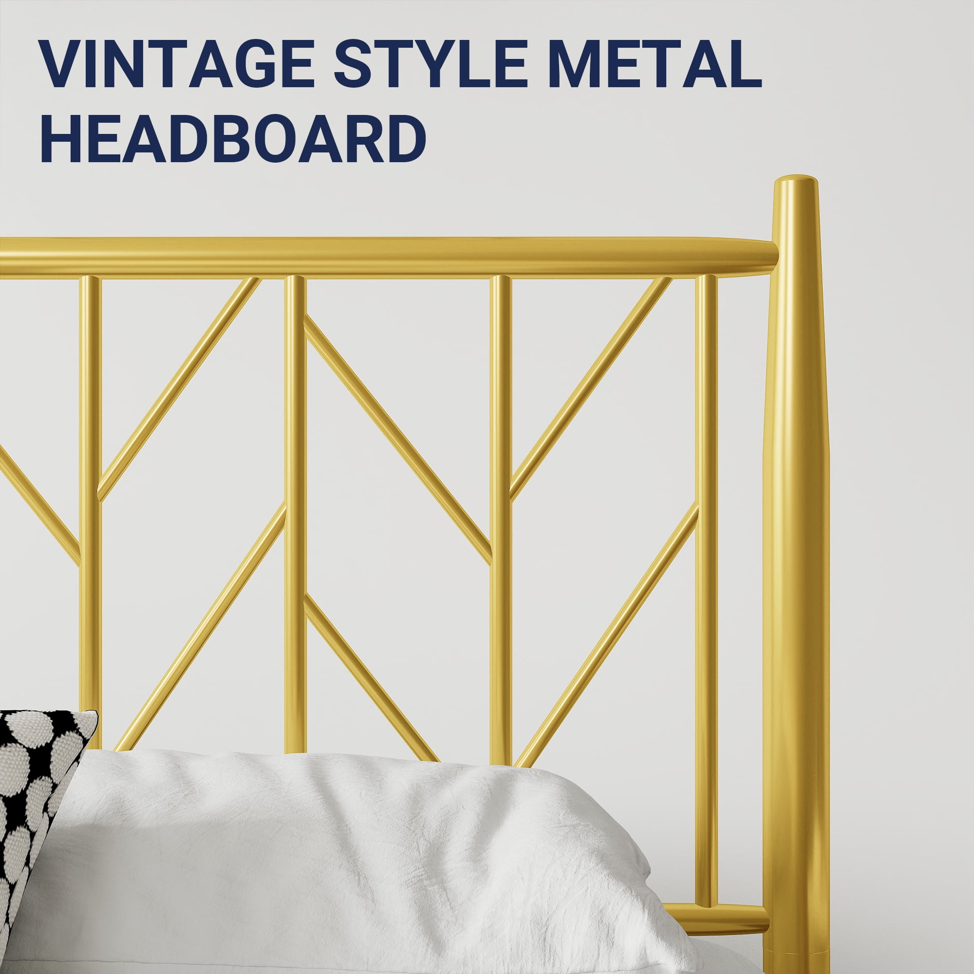 Allewie Gold Queen Size Modern Metal Platform Bed Frame with Vintage Headboard and 12" Under-bed Storage