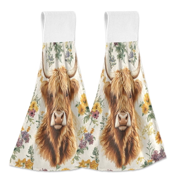 Yayeee Kitchen Hanging Hand Towels Set of 2 with Loop Bathroom Absorbent Tie Towel, Floral Cow