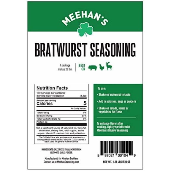 Meehan's Pork orUMRT Deer Bratwurst Seasoning, 1.16 lbs. Makes 25lbs.