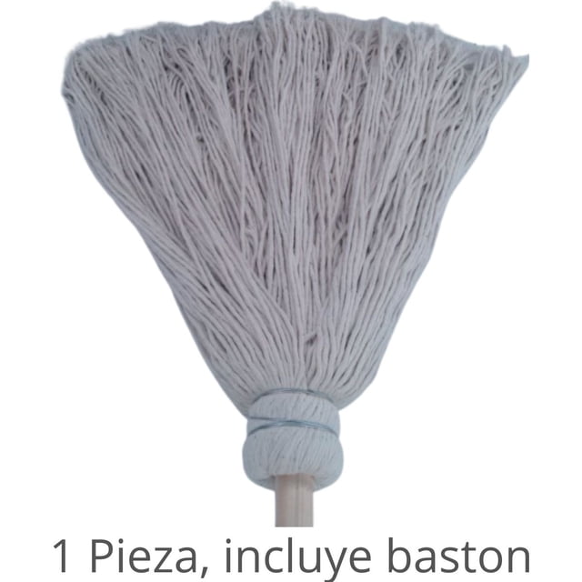 trapeador hilaza blanca extra absorbente con baston jady quimica trapeador — Cabezal de hilaza blanca ancho con tiras de hilo absorbente y anillo de sujeción, mango de madera visible; ideal para limpieza de pisos en hogar o industria; también suele usarse para mantenimiento rápido en áreas de servicio por su tamaño compacto.
