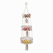 Jademall 3 Tier Fruit Hanging Basket, 43in Cotton Rope Hanging Basket with Bamboo Loop, Boho Decor Hanging Basket Living Room Kitchen Bedroom, Storage Basket for Fruits, Vegetables, Plants - Beige
