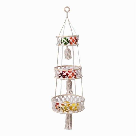 Jademall 3 Tier Fruit Hanging Basket, 43in Cotton Rope Hanging Basket with Bamboo Loop, Boho Decor Hanging Basket Living Room Kitchen Bedroom, Storage Basket for Fruits, Vegetables, Plants - Beige