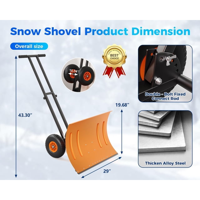 EastVita Heavy Duty 2-Wheel Snow Shovel, 30 Inch Metal Blade & Adjustable Handle, Orange
