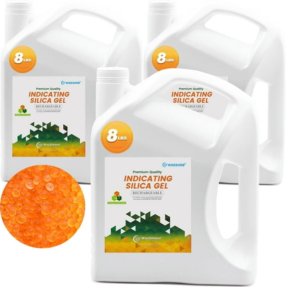 Wisesorb 24lbs Premium Indicating Silica Gel Beads(Industry Standard 2-4 mm, Orange to Dark Green), Reusable Desiccant Beads Silica Gel Desiccant for Humidify Control (3 Packs of 8lbs)