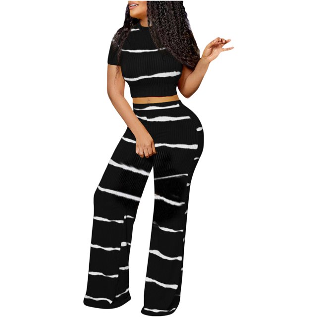 Mikilon Ensemble Élégant pour Femmes 2 Pcs Blouse/chemise à Manches Courtes Col Rond Ensemble Mode Col Rond Uni Blouse à Manches Courtes + Pantalon Ample Noir m