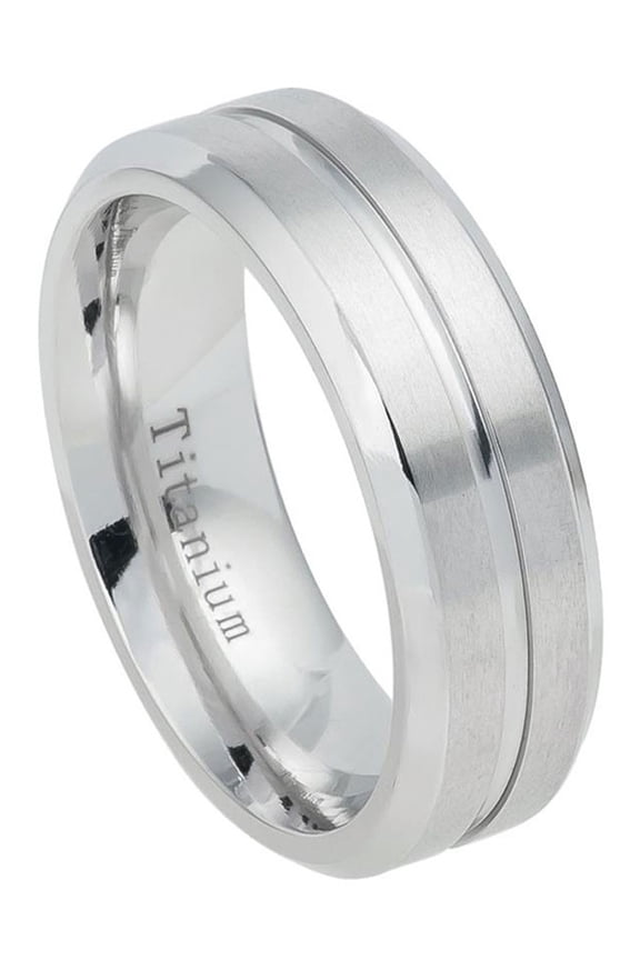 7MM Comfort Fit Titanium Wedding Band White Domed Brushed Center Step Edge Titanium Ring (Size 5 to 12)