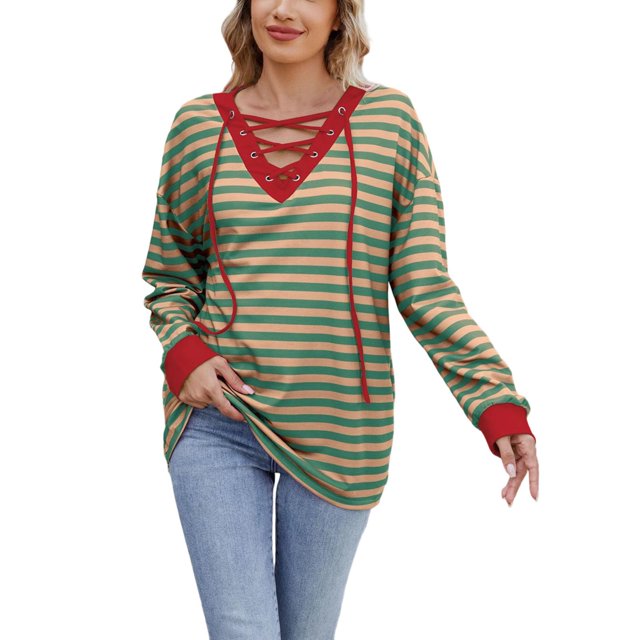 LIaqionyy Chandail en Molleton Surdimensionné pour Femmes à Rayures Col en V Chandail Décontracté Mode Automne Vêtements