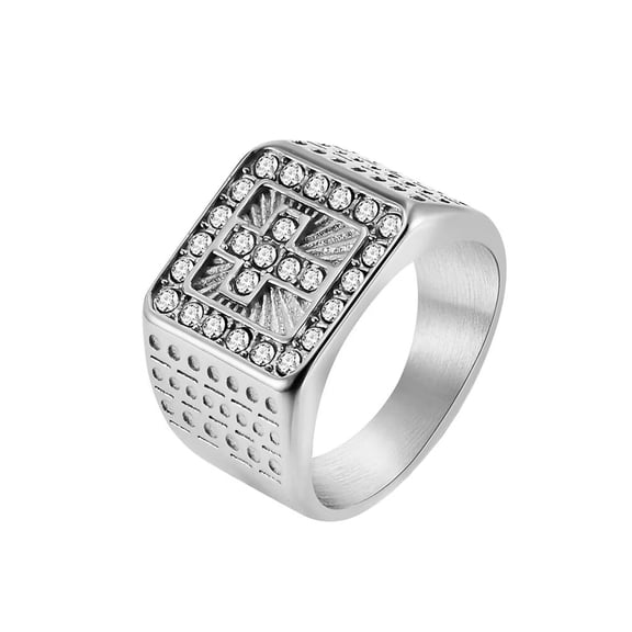 PAMTIER Men's Personality Classic Hip Hop Square Crystal Micro-Pave Iced Out Round Cubic Zirconia Inlay Cross Knight Ring Wedding Band Silver Size 8