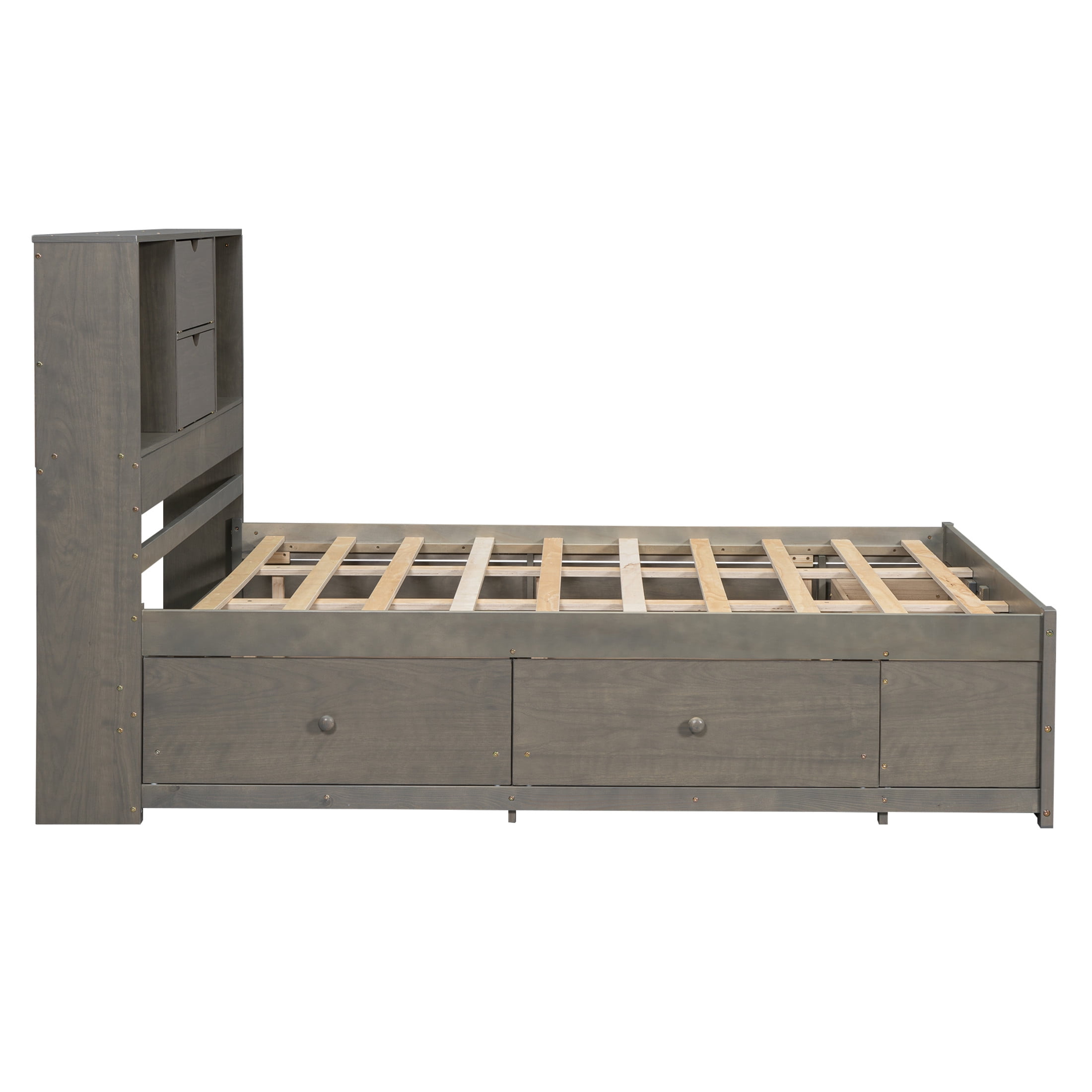 Noble House Solridge Queen Size Platform Bed with Bookcase Headboard and Storage Drawers, Solid Wood Frame, Gray