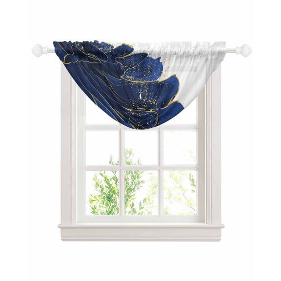 Navy Blue Gold Sheer Waterfall Valance Curtains for Window, Abstract Line Art Troditional Ink Painting Rod Pocket Sheer Topper Swag Curtains for Living Room, Kitchen 38.5"W x 47.2"L, 1 Panel