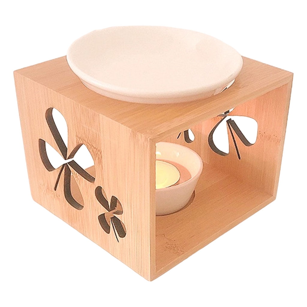 Essential Oil Burner Black Ceramic Bowl Wood Stand Tealight Aromatherapy Wax 