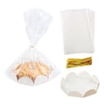 thumbnail image 1 of Paquete de 50 bolsas de plástico transparente para hornear, embalaje de regalo para pan, galletas, dulces, pasteles, con bandeja para pasteles y cinta dorada, 1 of 6