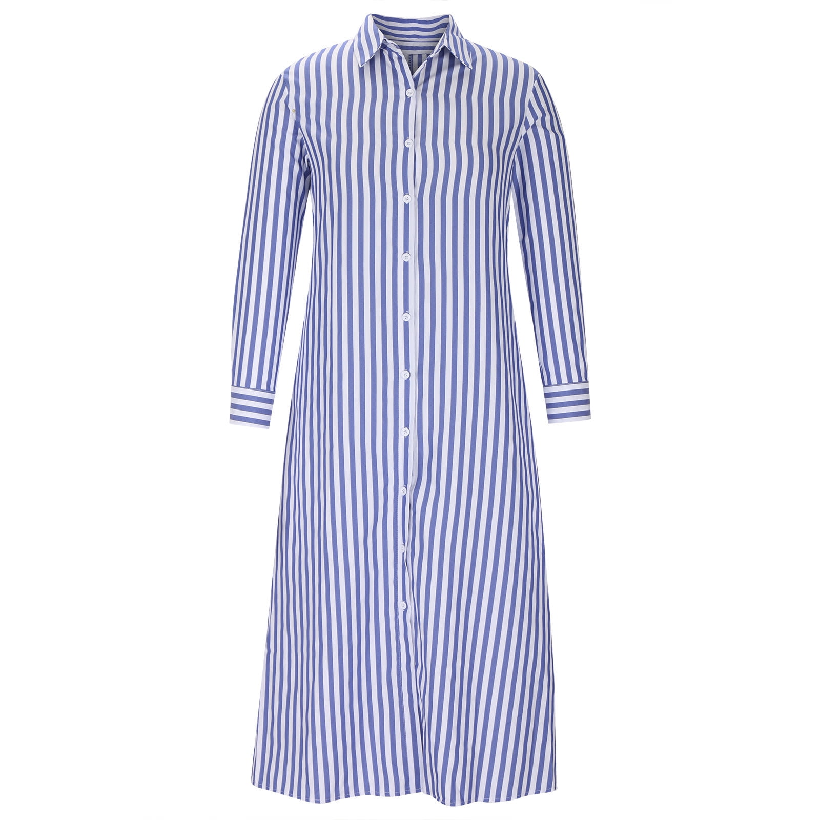 Blvb Womens Long Sleeve Button Down Shirts Long Dress V Neck Collared Striped Maxi Dress Casual Loose Basic Blouses Dress Blue