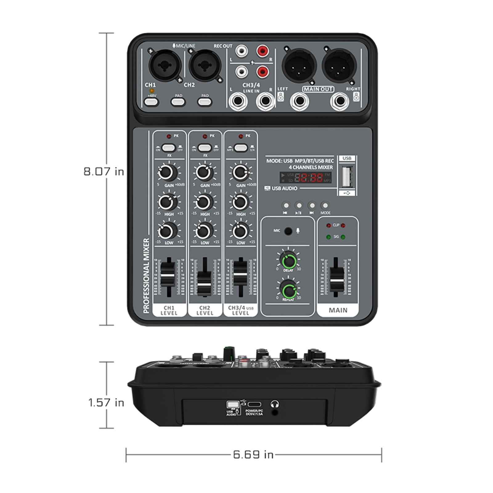4 Channel Mixer 48V Phantom Power USB Studio Sound Mixers Bluetooth DJ Console Mixing ,Easy to Operate