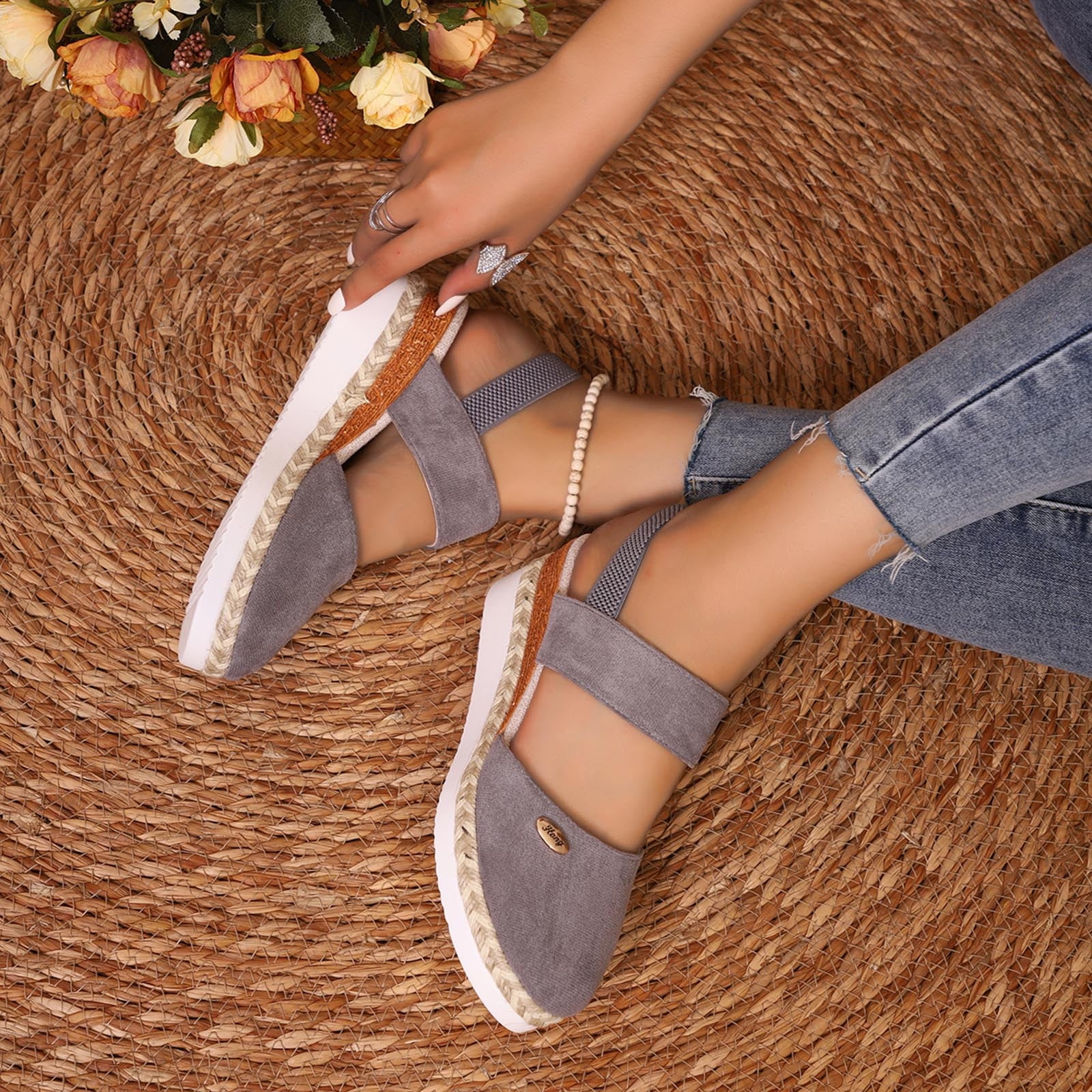 Huowey Women's Sandals Closed Toe Espadrille Wedge Sandals Elastic Back Strap Suede Platform On Comfort Walking Shoes Non Summer Casual Beach Footwear,Grey,7.5