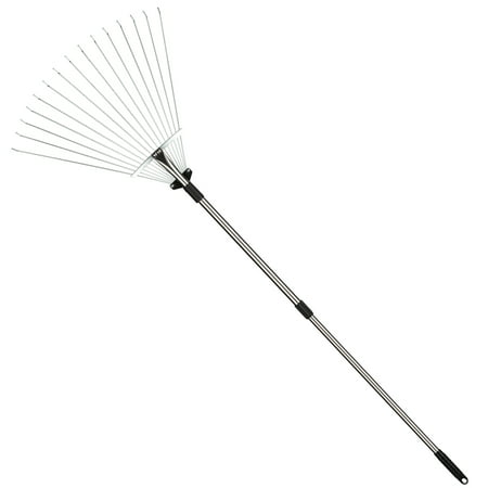 Docamor 63-Inch Adjustable Steel Lawn Rake, Garden Leaf Rake with 15 Round Tines, Rounded Tips, Telescopic Handle, Expandable Head from 7.5 to 23.2 Inches, for Gardens Yards Flower Beds Small