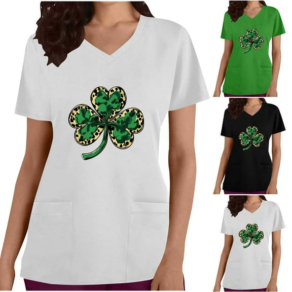 lcziwo Women's St. Patrick's Day Scrub Tops Fashion V Neck Scrubs Nursing Uniform Summer V Neck Short Sleeve Tshirts with Pockets Green L Sale of The Day Prime Today