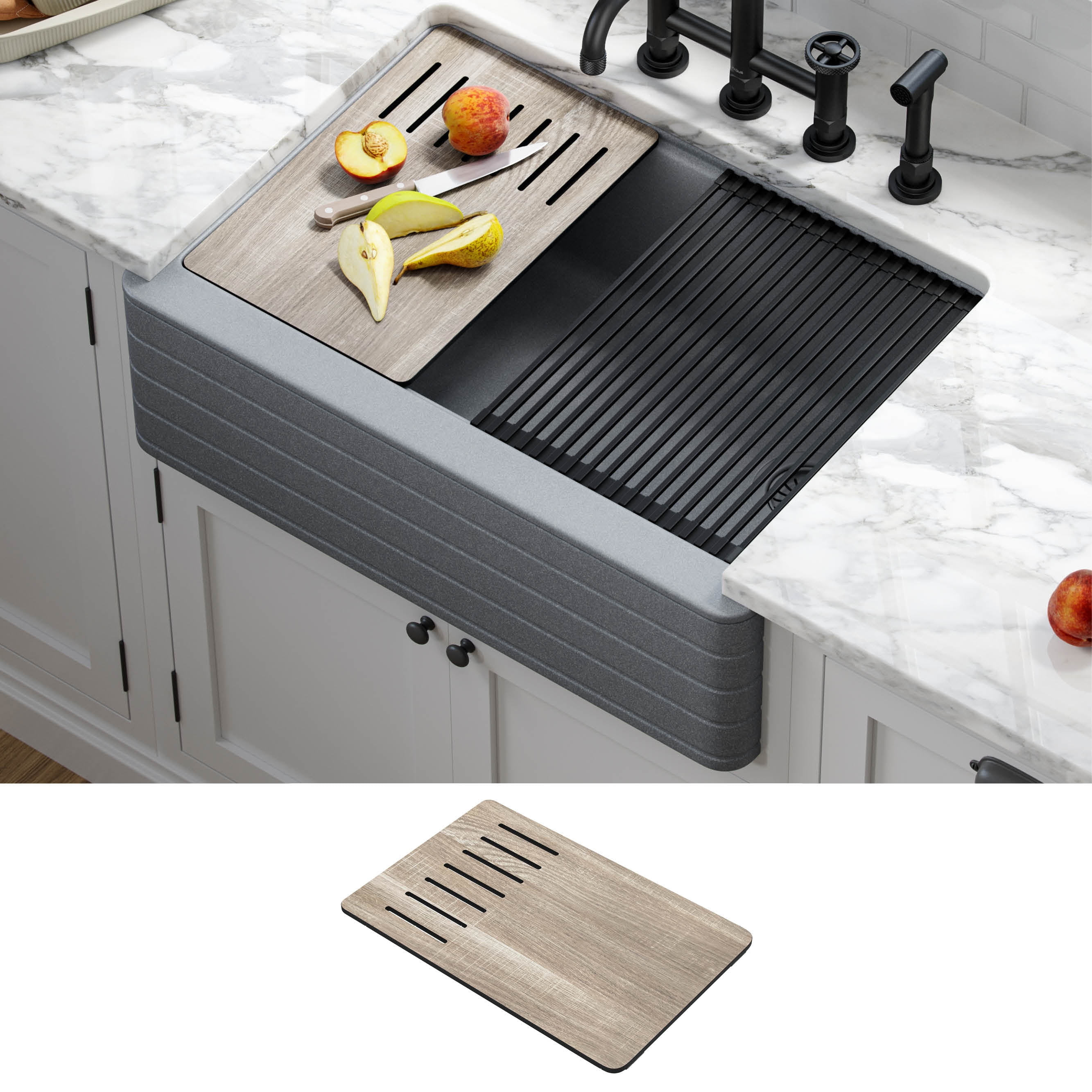 Kraus Bellucci Workstation 30 inch Farmhouse Apron Front Granite Composite Single Bowl Kitchen Sink in Metallic Gray with Accessories