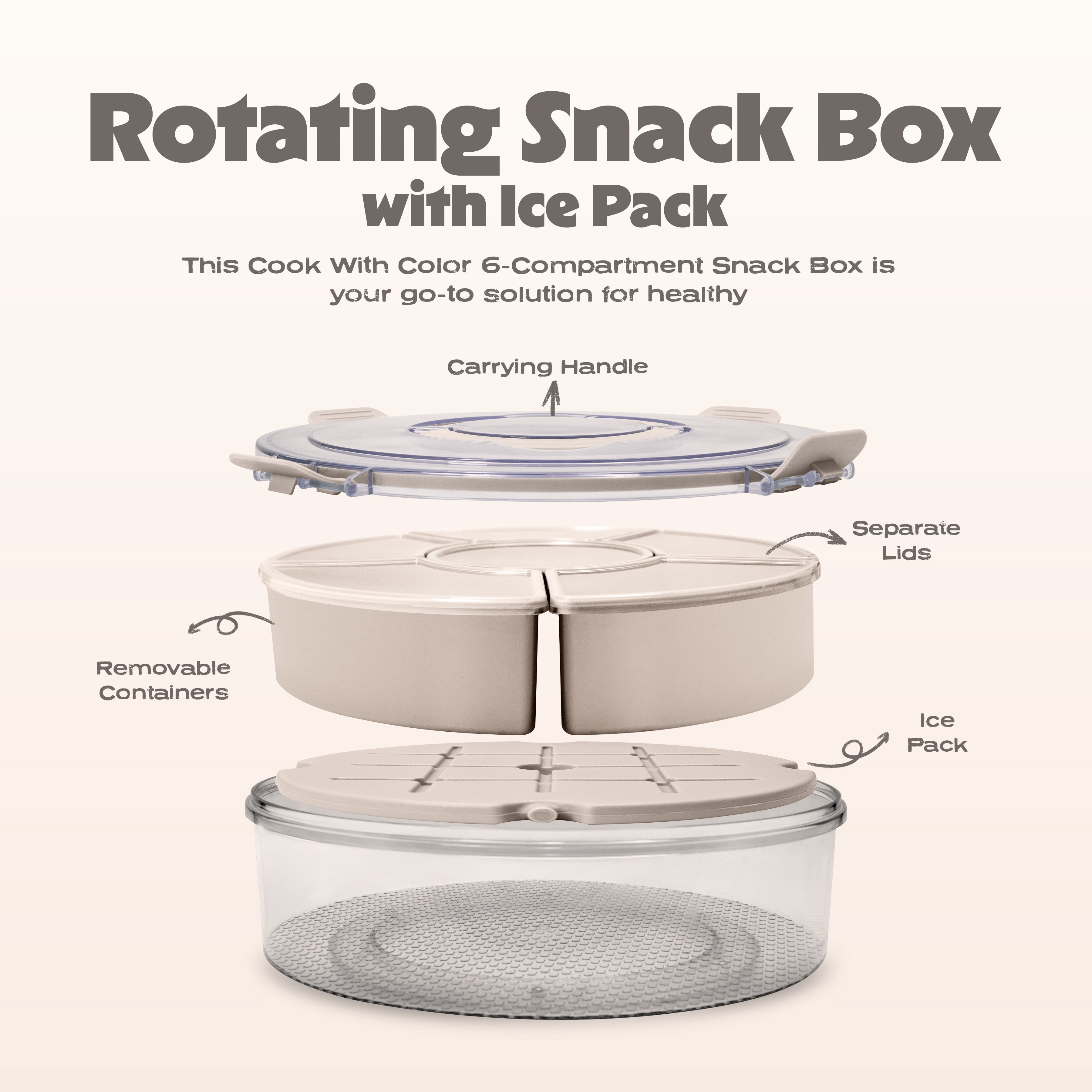 Cook with Color Rotating Snack Box with Ice Block and Carry Handle, Portable Compartments for Lunches and Commutes, Taupe