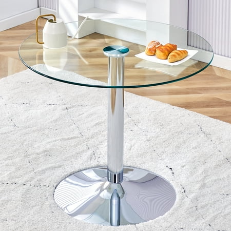 

A Glass Tabletop with A Diameter of 35 Inches and A Modern Minimalist Circular Dining Table with Electroplated Silver Metal Legs. Suitable for Restaurants Living Rooms and Conference Rooms