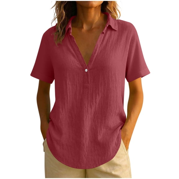 Posijego Cotton Linen Tops for Women V Neck Short Sleeve Collared Dressy Blouses Lightweight Casual Shirts for Ladies