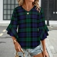 thumbnail image 3 of Modern Cute Blue And Green Plaid Women's V-Neck Blouse With 3/4 Ruffled Bell Sleeves Casual Top Ladies Blouses, 3 of 7
