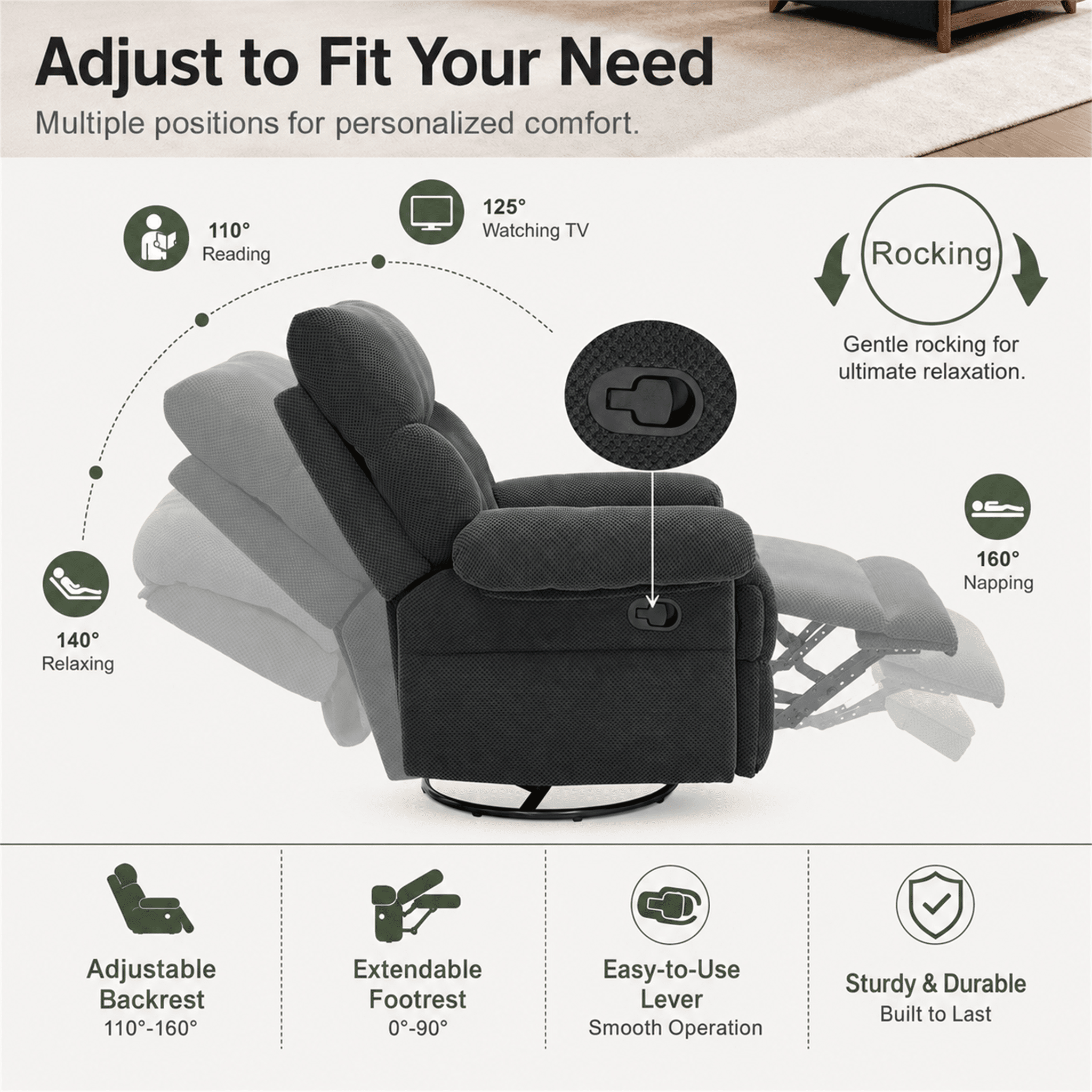 Homy Casa Swivel Rocker Recliner, 360 Manual Chair for Living Room, Nursery and Bedroom, Dark Gray