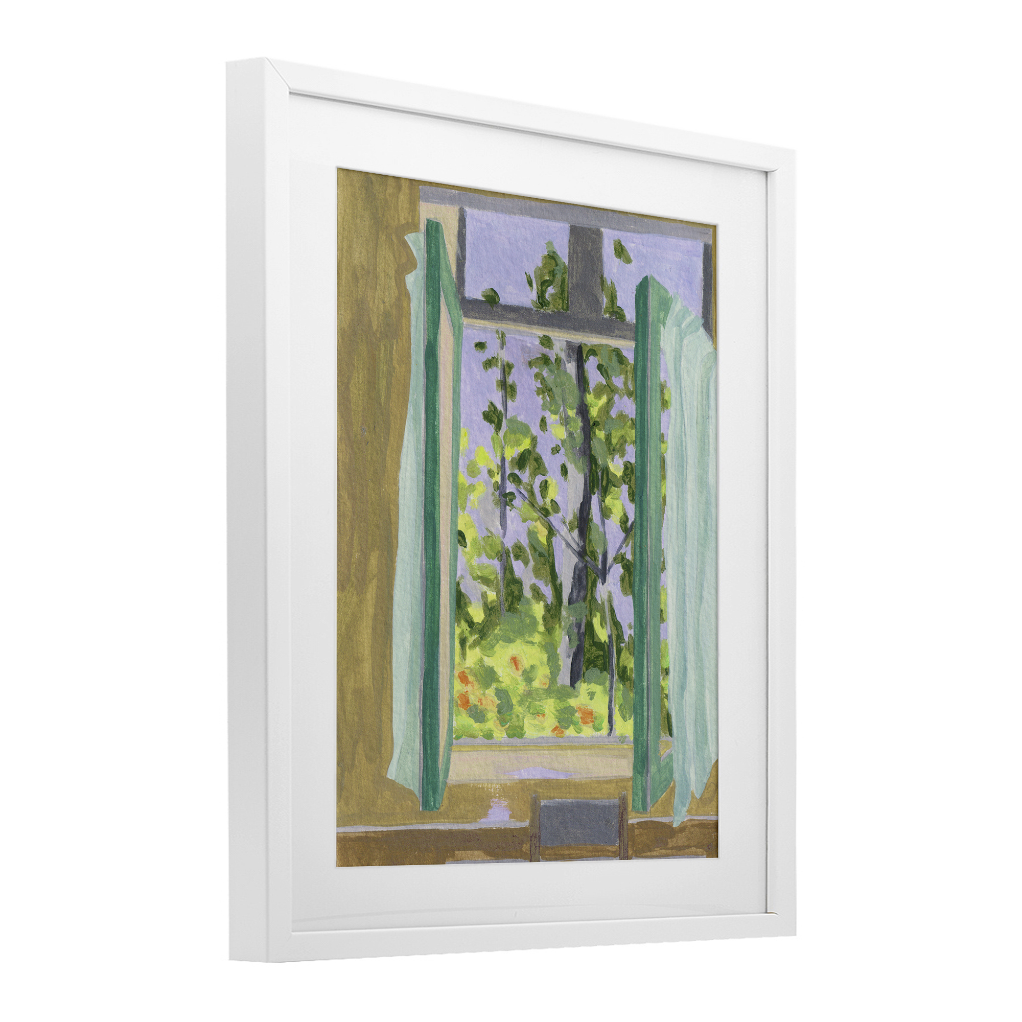 A Seat For Spring White Framed Print Under Glass, design by Melissa Wang