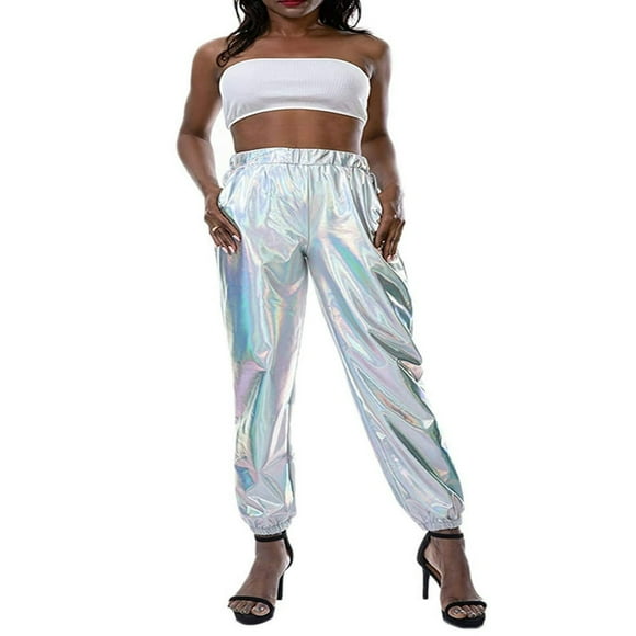 Owl‘s-Yard Women‘s Metallic Shinny Pants  Casual Holographic Jogger Sweatpants Punk Hip Hop Trousers