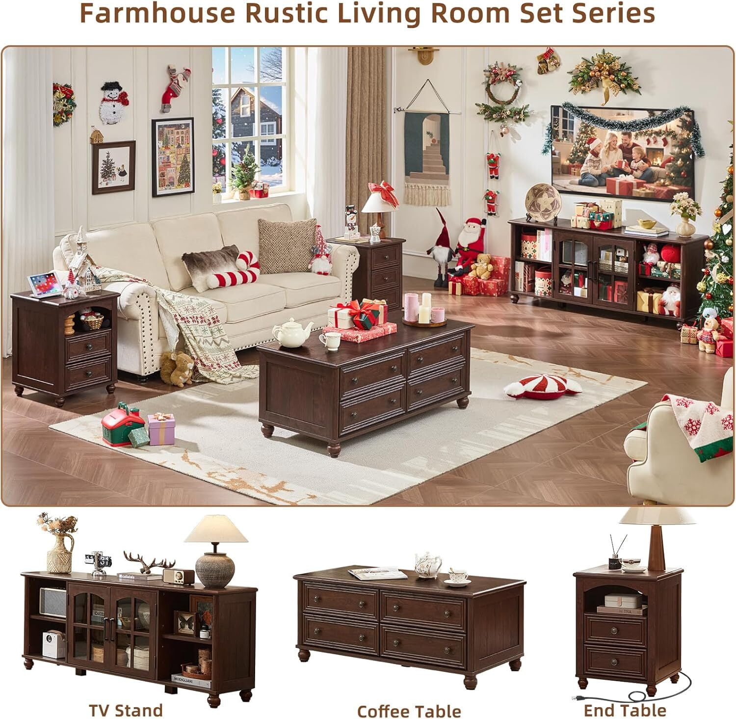 Leyaoyao Farmhouse Coffee Table with Drawers, Rectangular Rustic Center Table with Hidden Storage for Living Room, Office, Walnut