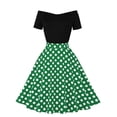 thumbnail image 2 of Voncos Wedding Guest Dress- Vintage Fashion Short Sleeve Polka Dot Contrast color Patchwork Party Dress One Shoulder Dress Green 6, 2 of 6