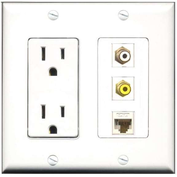 RiteAV - 15 Amp Power Outlet 1 Port RCA White 1 Port RCA Yellow 1 Port Cat6 Ethernet Ethernet White Decorative Wall Plate