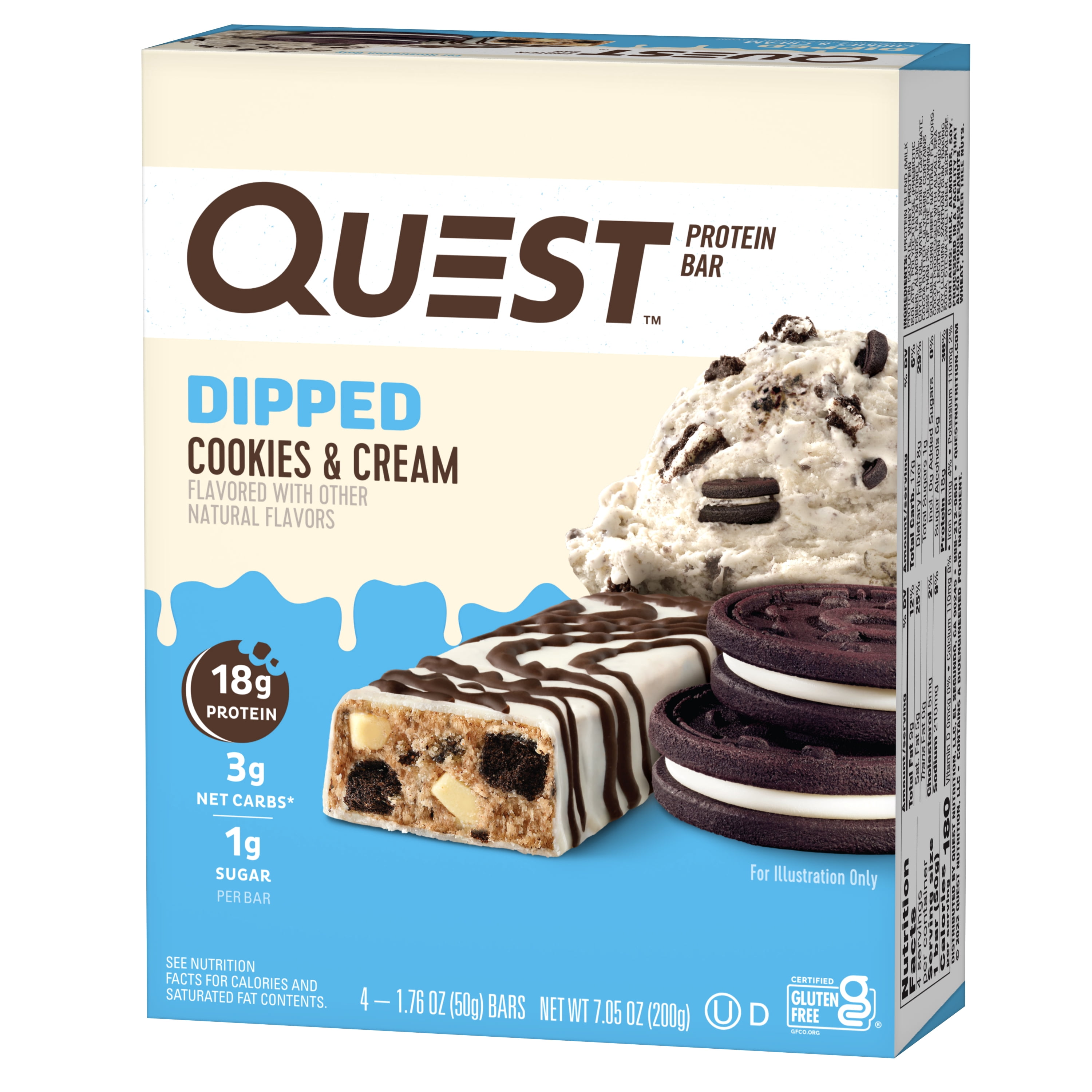(5 pack) Quest Dipped Cookies and Cream Protein Bar, 18g Protein, Gluten Free, 4 Count
