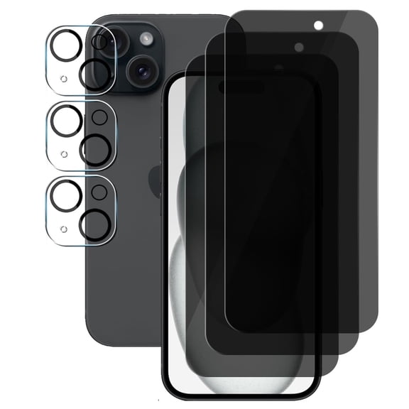 UZWZW for iPhone 15 (6.1") (3 Pack) Anti Spy Private Tempered Glass Privacy Screen Protector and (3 Pack) Camera Lens Protector [Not Affect Flash], Anti Scratch