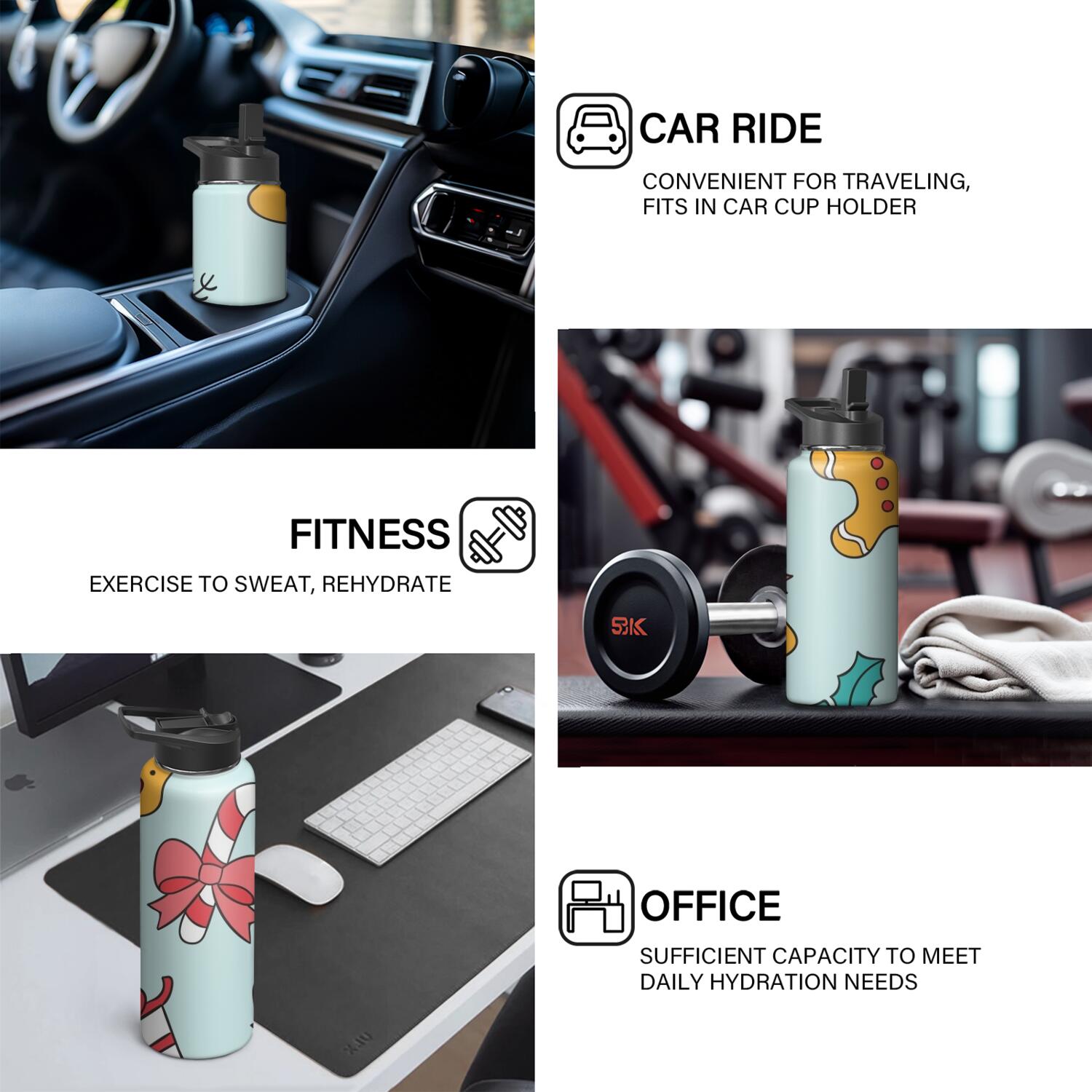 Christmas 18 oz Insulated Stainless Steel Water Bottle with Straw & Cleaning Brush , Leakproof, BPA-Free, 304 Stainless Steel, Wide Mouth, Travel Mug for Car, Gym, Office