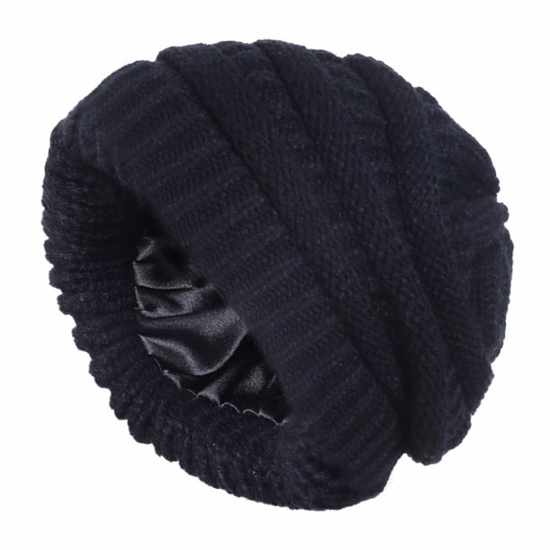Gorro de mujer de invierno de punto con forro de satén Gorro cálido de lavado suave de seda suelta