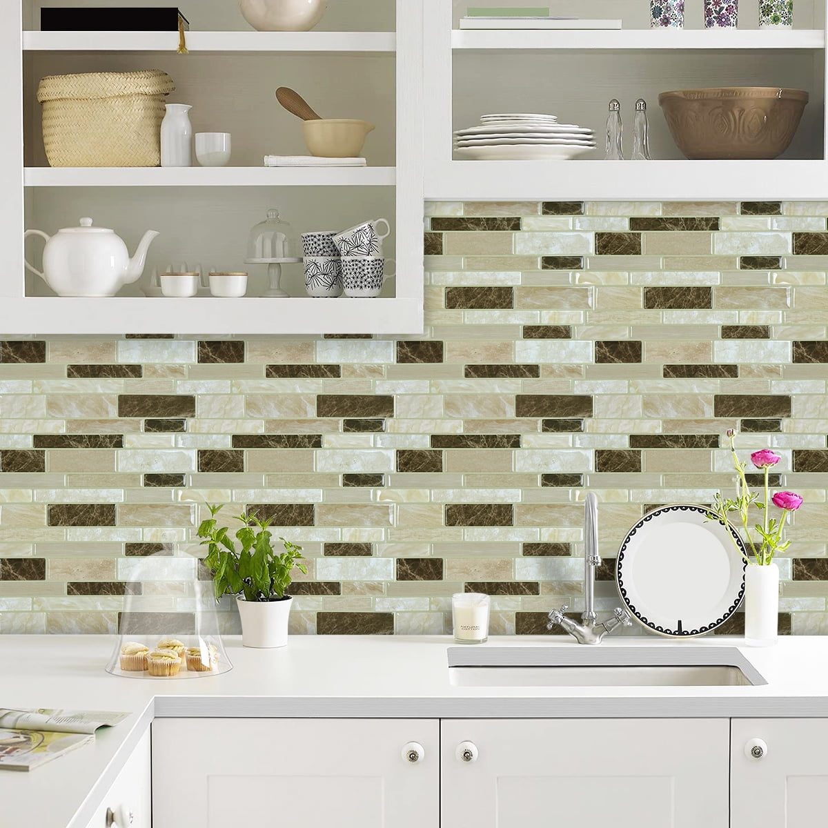 STICKGOO Brown Marble Peel and Stick Backsplash Tile for Kitchen and Bathroom(10 Pcs)
