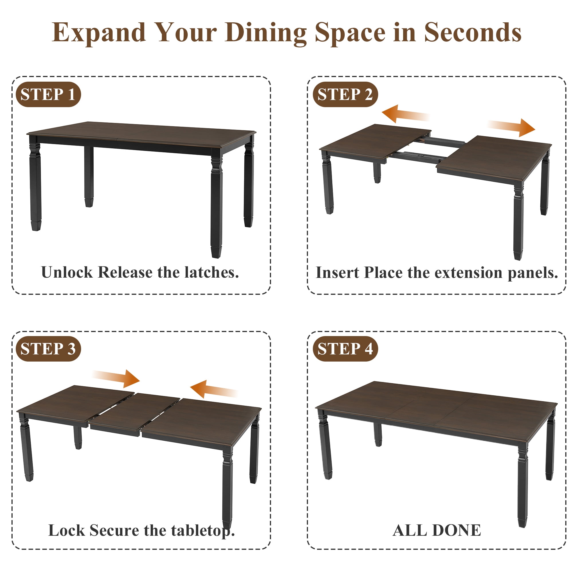 Euroco 6-Piece Dining Table Set for 6, Extendable Kitchen Table Set with 4 Upholstered Chairs and 1 Bench,Farmhouse Dining Set for Small Space, Easy Assembly,Espresso+Black