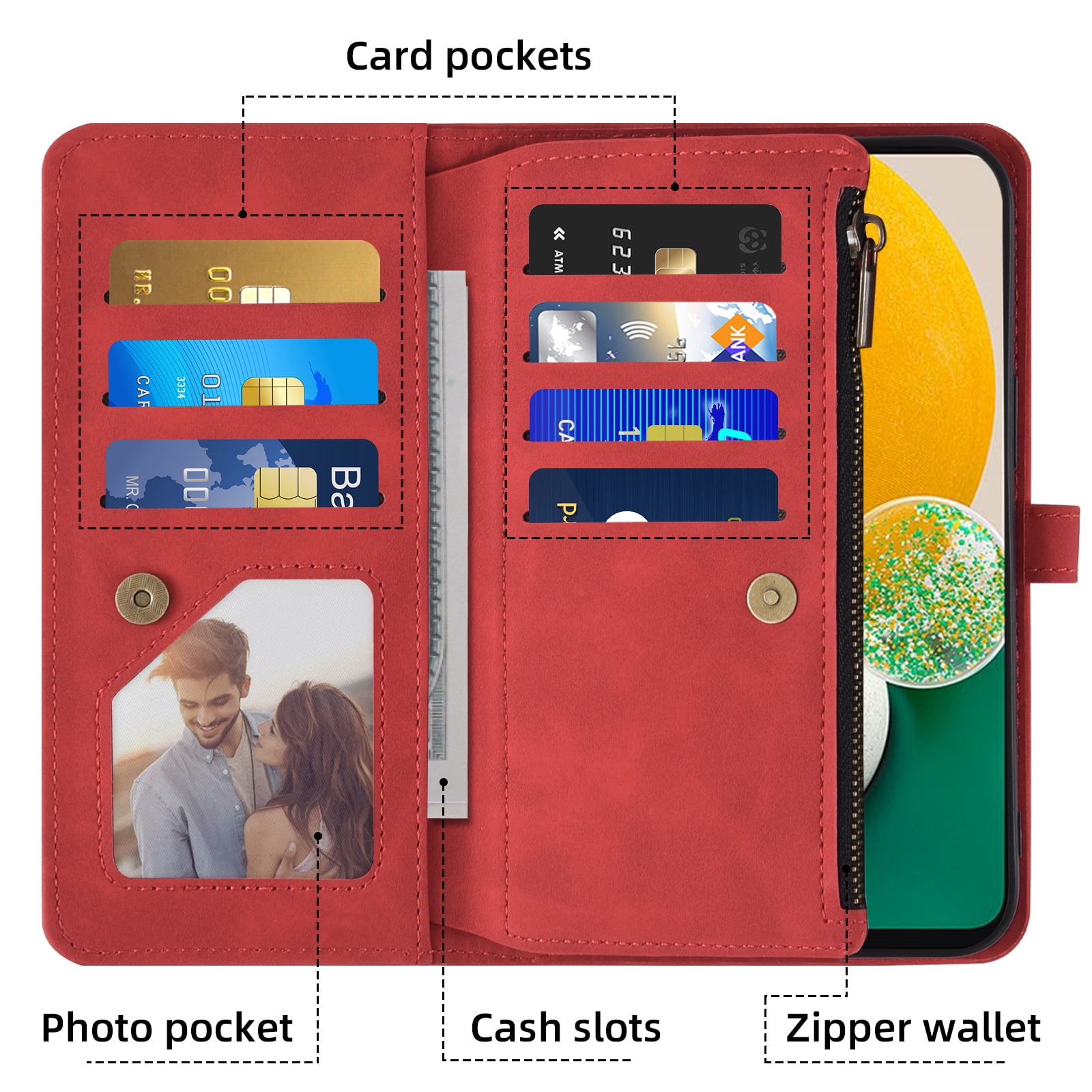 Asuwish Phone Case for Samsung Galaxy A13 4G/5G Wallet Cover With Tempered Glass Screen Protector Crossbody Wrist Strap Flip Pattern Zipper Credit Card Holder Cell A04s M13 G5 A 13 LTE 13A 2022 Red