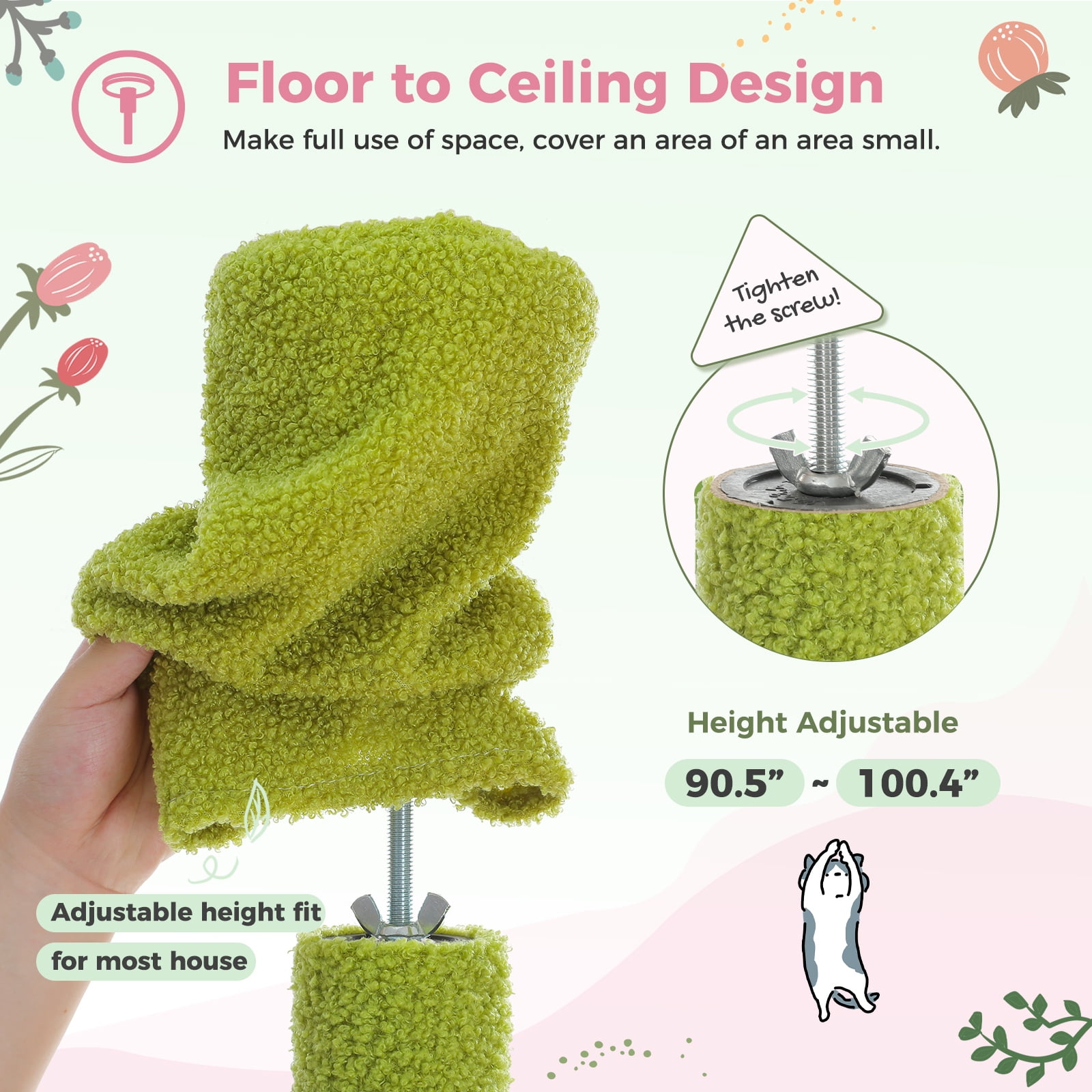 Kadyn Adjustable Height(85-112 in) Cat Tree Tower Floor to Ceiling with 7 Tiers Cat Climbing Activity Center, Cozy Hammocks, 5 Platforms for Indoor Cats, Green