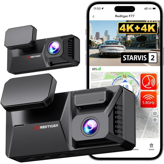 REDTIGER 4K UHD Dual IMX678 Dash Cam with Starvis 2 Night Vision, 128GB eMMC, 5.8GHz WIFI, GPS Tracking, Parking Monitor