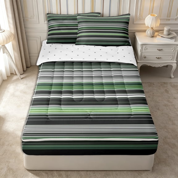 Castle Fairy Hippie Horizontal Stripe Zipper Twin Comforter Sets with Fitted Sheet and 2 Pillowcases,Bohemian Line Zipper Bedding Set,Sage Charcoal White,Reversible